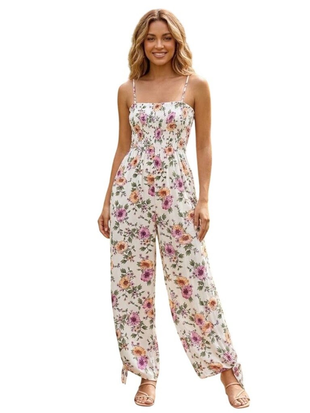 Adam Levine Jumpsuit Size Medium Floral Smocked Sleeveless Tie Ankle Cuff Boho
